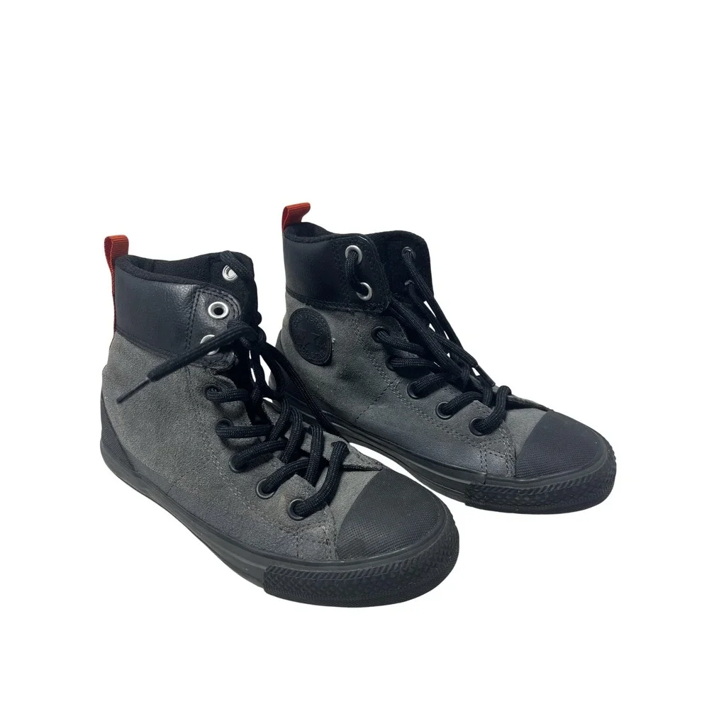 Converse All Star Shoes Kids Size 3 Gray‎ Black Leather High Top Lined Sneakers